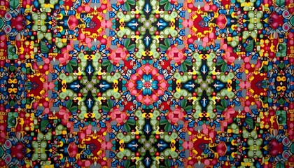 A vibrant and colorful material composed of various geometric shapes, such as red, blue, yellow, and green. Symmetric and repetitive abstract patterns