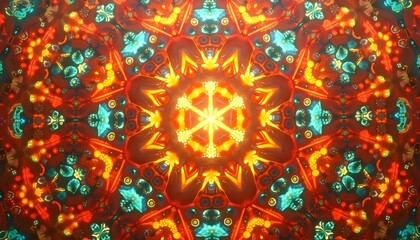 A vibrant and colorful material composed of various geometric shapes, such as red, blue, yellow, and green. Symmetric and repetitive abstract patterns