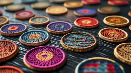 A collection of woven coasters made from multicolored yarn
