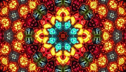 A vibrant and colorful material composed of various geometric shapes, such as red, blue, yellow, and green. Symmetric and repetitive abstract patterns