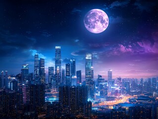 Fototapeta premium Midnight City Skyline with Full Moon Shining Brightly Over Urban Landscape and Vibrant Lights Illuminating the Night Sky