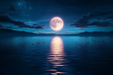 Beautiful Full Moon Rising Over Calm Lake Waters, Illuminating Night Sky and Reflecting Serenity in Tranquil Nature Landscape