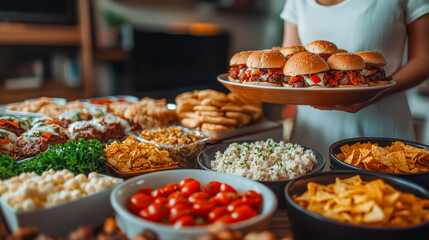 Woman holding platter of burgers at table with diverse food dishes indoors