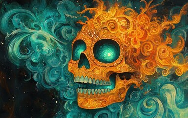 Fototapeta premium Ornate Golden Skull in a Cosmic Dance: A Vivid Digital Painting of a Sugar Skull Adorned with Intricate Filigree and Swirling Teal Nebula