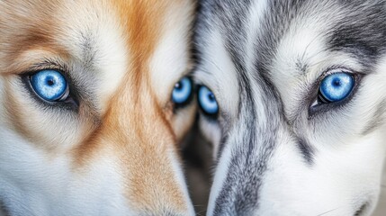 Close-up of two huskies showcasing striking blue eyes, highlighting the fur texture and unique markings of each dog.