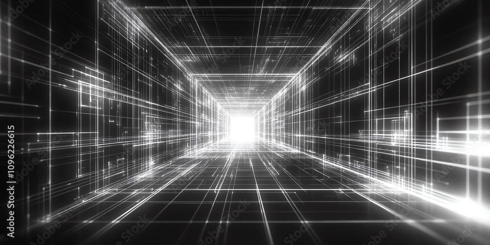 Poster a futuristic tunnel of light and lines, suggesting depth and technology.