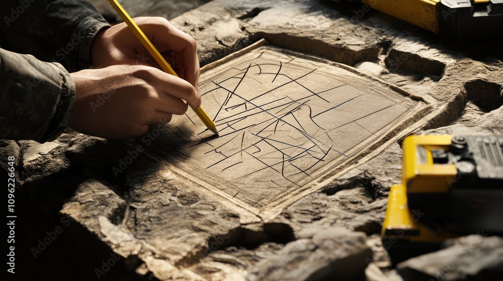 Poster a person sketches intricate lines on a stone surface, using a pencil for precise marking.