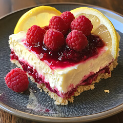 Creamy lemon raspberry cheesecake with fresh raspberries and lemon slices, served on dark plate....