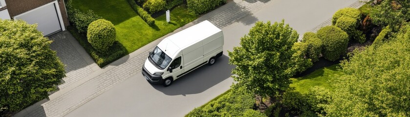 A white delivery van drives through a leafy residential area, surrounded by green trees and well-kept lawns.