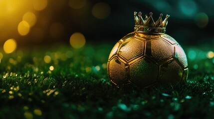 A golden soccer ball featuring an ornate crown sits prominently on lush green grass, embodying themes of triumph, excellence, and leadership in the world of sports.