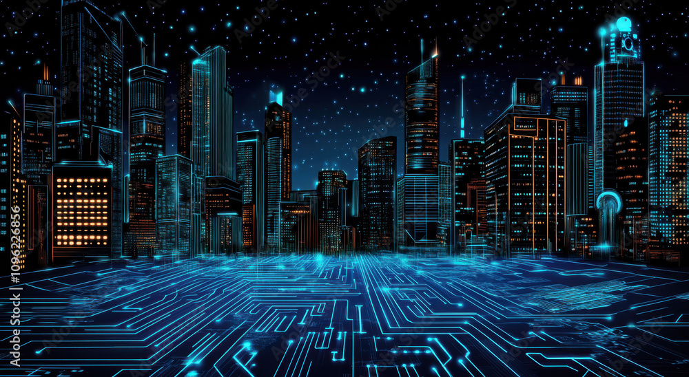 Poster digital cityscape with circuit board patterns and glowing lights, representing the next wave of ai t