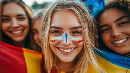 Fototapeta premium Young women with face paint celebrating at outdoor festival, smiling joyfully, in colorful surroundings
