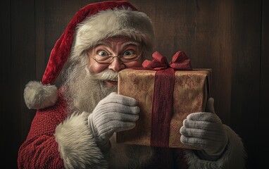 A Merry Christmas Surprise: Santa Claus Joyfully Presents a Beautifully Wrapped Gift Against a Rustic Wooden Background