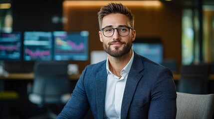 Fototapeta premium Young financial expert in a modern office setting discussing online investment strategies and hosting webinars to educate clients on market trends.