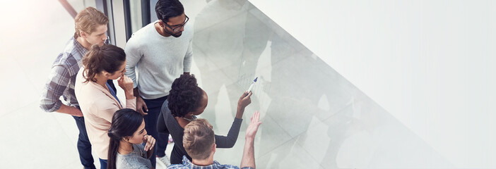 Office, glass wall and business people with graphs for planning, market trends and project...