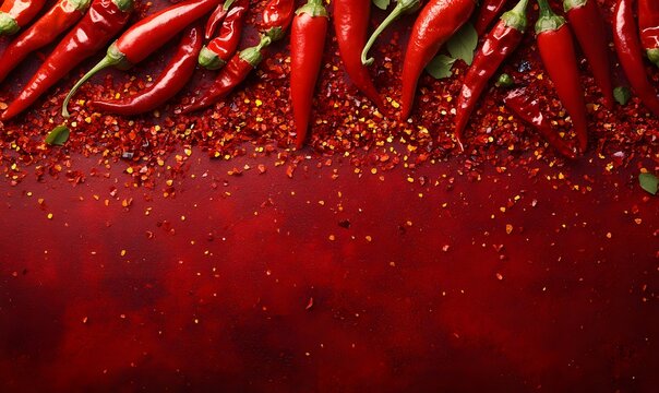 Chili Pepper and Flake Overlay, Fresh red chilies placed artistically with a layer of chili flakes on top