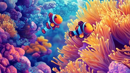 Fototapeta premium Vibrant Coral Reef with Clownfish Among Colorful Anemones in a Lively Underwater Scene Featuring Rich Marine Biodiversity and Bright Ocean Life