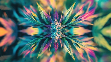 Vibrant abstract kaleidoscopic design showcasing cannabis with dynamic colors and patterns, creating a visually striking background filled with energy and fluid motion.