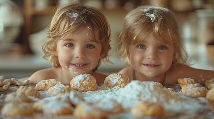 Children have fun making cakes in a bright kitchen, with flour and ingredients scattered around, and happy, messy faces.