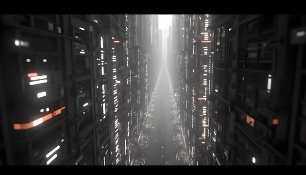 Black and white tones, cyberpunk style urban landscape, flashing neon lights, vertical lines, and scattered light points against a dark background