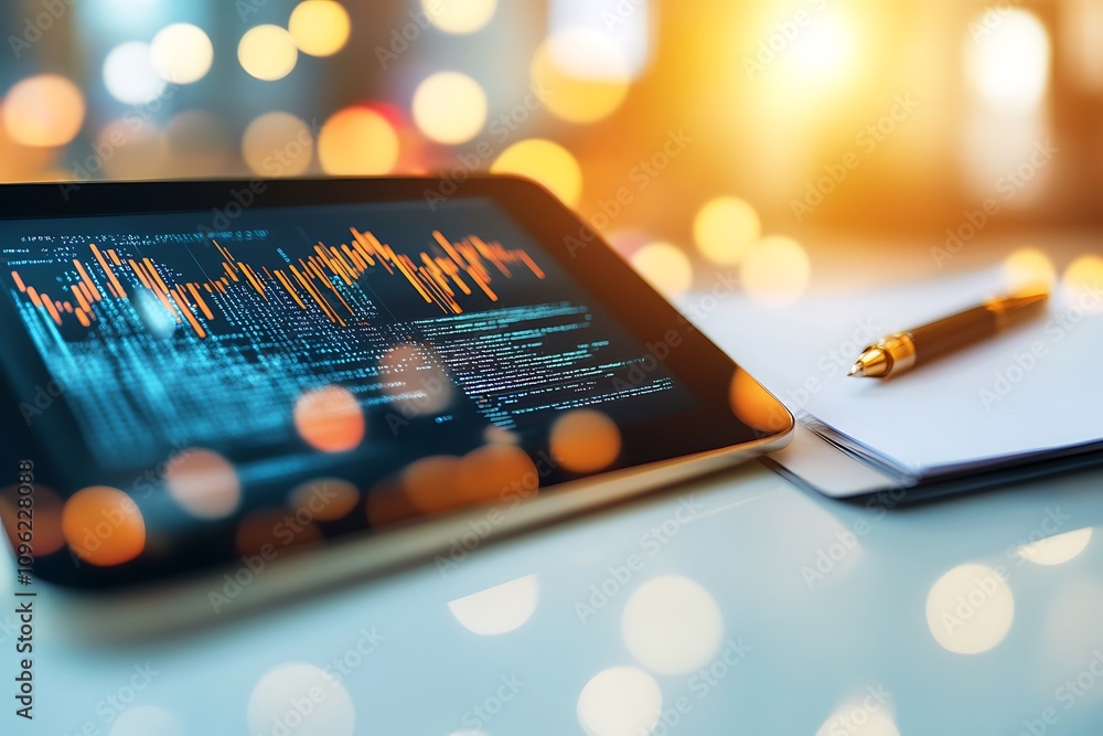 Poster a tablet displaying data analysis with a pen and paper nearby, suggesting business or tech use.