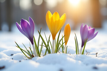Fototapeta premium Yellow and purple crocuses emerging from snow. Concept: resilience, spring awakening, nature