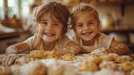 Children have fun making cakes in a bright kitchen, with flour and ingredients scattered around, and happy, messy faces.