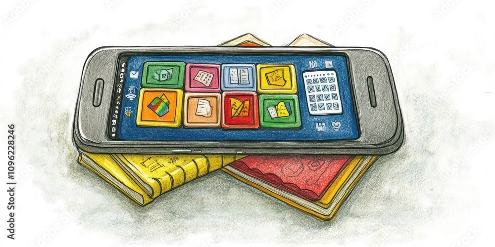 Aufkleber a smartphone rests on top of colorful notebooks, showcasing various app icons on its screen.