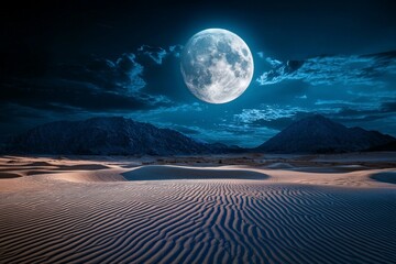 Surreal Nighttime Desert Scene with a Full Moon Illuminating the Sand Dunes and Mountains Under a Starry Sky