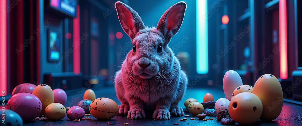 Poster a rabbit is sitting on the floor in front of a neon light. the rabbit is eating some candy and there