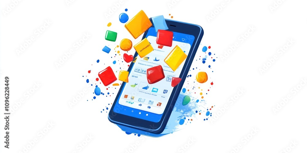 Poster a smartphone with colorful blocks and icons, representing mobile applications and technology.