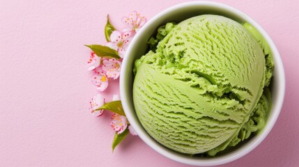 Fototapeta premium Green ice cream in a bowl with pink background.