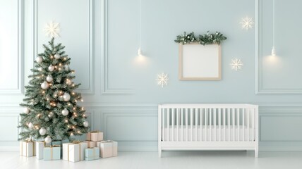 Soft pastels in a nursery with subtle Christmas decor and lights, 3D illustration
