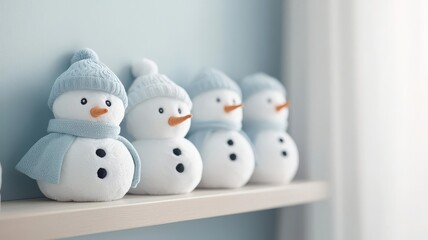 Soft plush snowmen lined up on a nursery shelf, creating a winter wonderland scene   plush snowmen, nursery winter decor