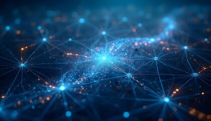 Obraz premium A blue and orange network composed of interconnected nodes and lines, a digital landscape of global communication or data networks.