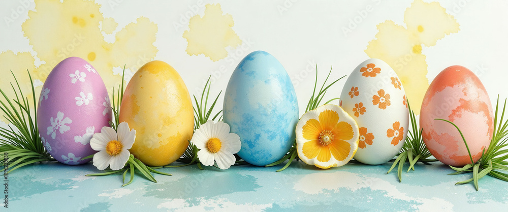 Poster a row of eggs with flowers in between them. the eggs are in different colors and sizes, and the flow