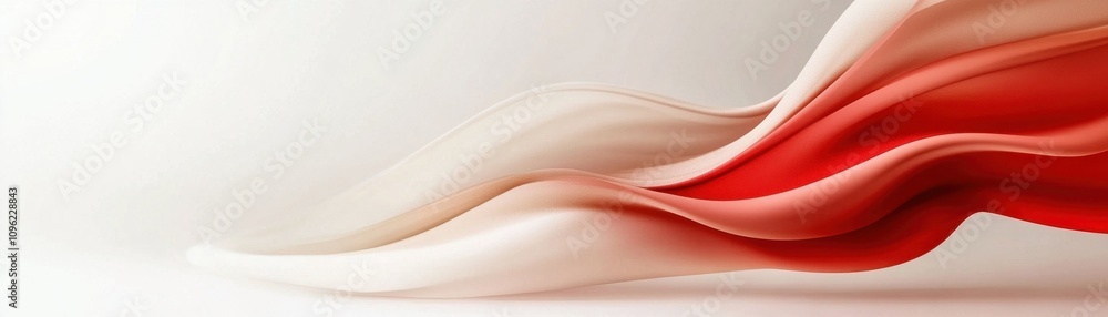 Poster a smooth flow of red and beige fabric against a soft white background, creating a sense of elegance 