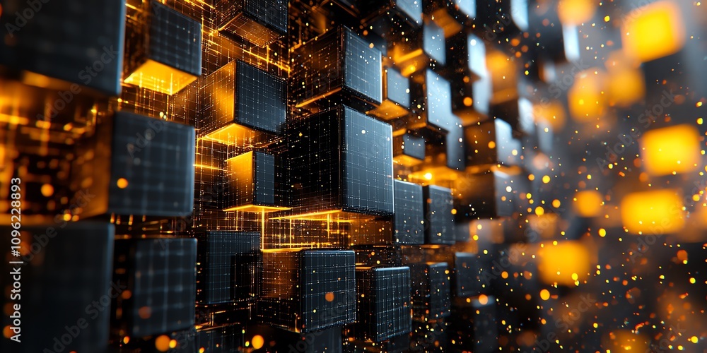 Poster Abstract visualization of interconnected cubes with glowing elements and particles.