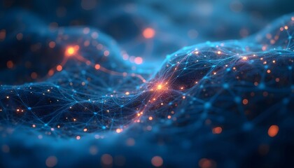 A blue and orange network composed of interconnected nodes and lines, a digital landscape of global communication or data networks.