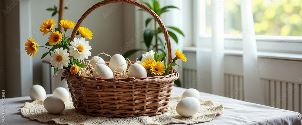 Poster a basket of eggs and flowers sits on a table. the basket is placed on a table, and the flowers are a