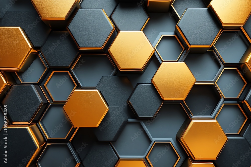 Poster Abstract composition of interlocking hexagonal shapes in black and gold tones.