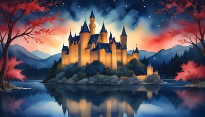 Obraz premium Ancient castle glowing under starry night sky with warm lights from windows and shimmering lake