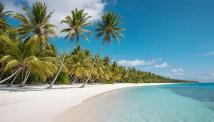 Fototapeta premium Secluded Beach pristine white sandy beach with crystal-clear turquoise water Rows of palm trees swaying gently in the breeze. peaceful atmosphere perfect for advertisements