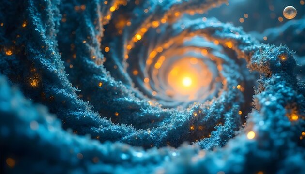 Rotating blue and gold abstract shapes with glowing spheres,