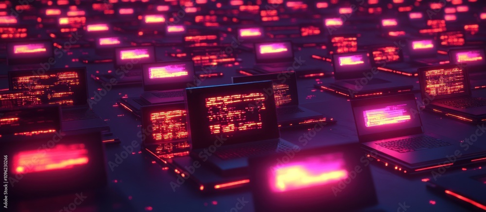 Poster glowing screens of countless laptops in a futuristic data center.