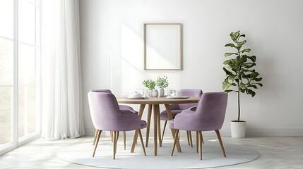 Minimalist dining area with soft purple upholstered chairs, white walls, and simple table decor