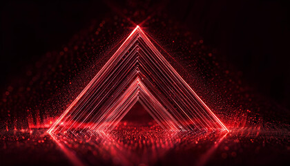Fototapeta premium Sharp angular form made of glowing edges in fluorescent red. Faint particles in darkness. Close-up.