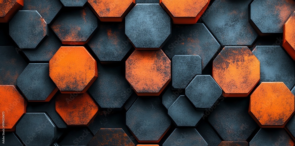 Poster A textured background featuring hexagonal shapes in orange and dark tones.