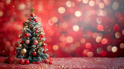 A beautifully decorated Christmas tree adorned with golden and red ornaments, set against a softly glowing red background with shimmering bokeh lights and a festive atmosphere