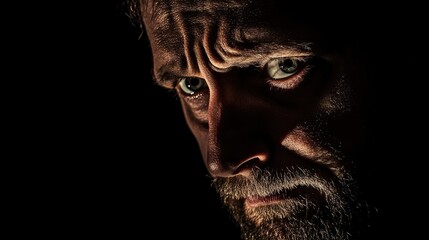 Obraz premium Man with intense gaze reflecting profound emotions, illuminated by dramatic lighting against a dark background.